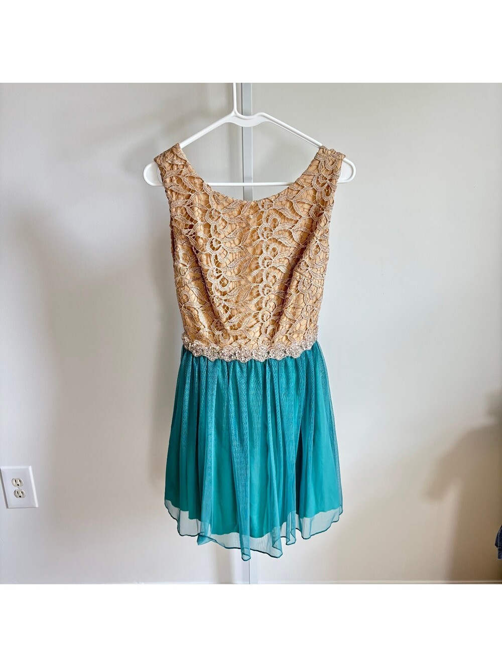 Jodi Kristopher EUC Junior's Teal Gold Lace Bodice Tulle Rhinestones Dress 5